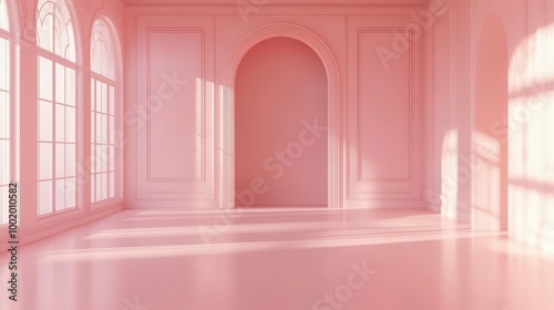 Mock up frame in a clean, empty room with soft pink walls and a hidden storage panel, no furniture