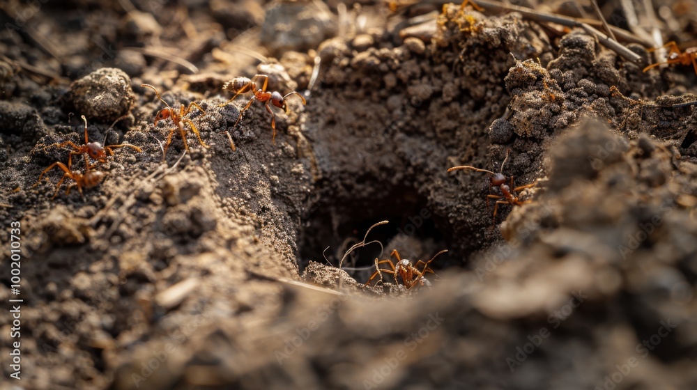 Ants Working Together in Natural Soil Environment