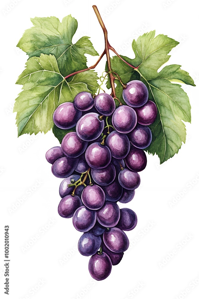 Fototapeta premium A bunch of ripe, purple grapes hanging from a vine with green leaves.