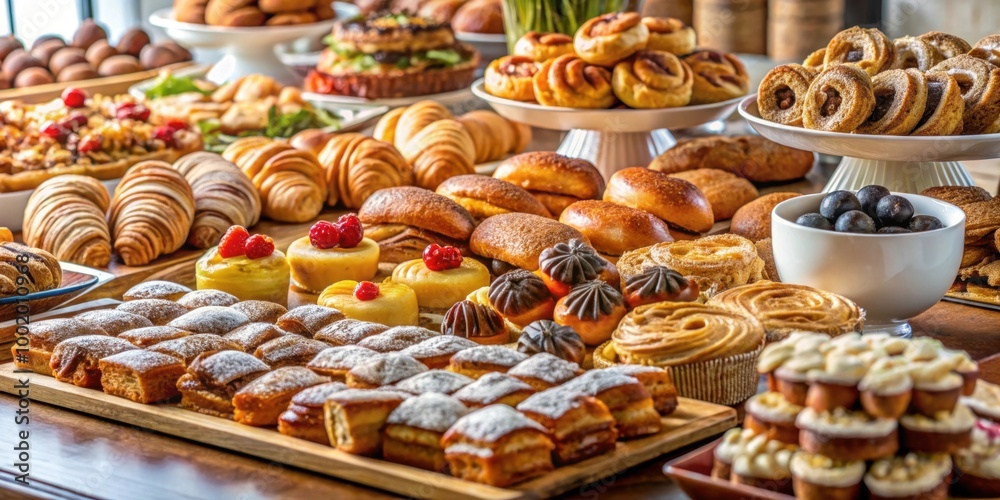 Assortment of freshly baked pastries displayed on a buffet table, pastries, assortment, fresh, baked, delicious, sweet, buffet
