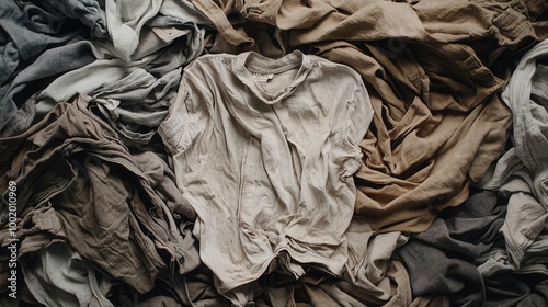 Crumpled, musty shirt in a pile of forgotten clothes, fabric starting to deteriorate, stale fabric, abandonment photo