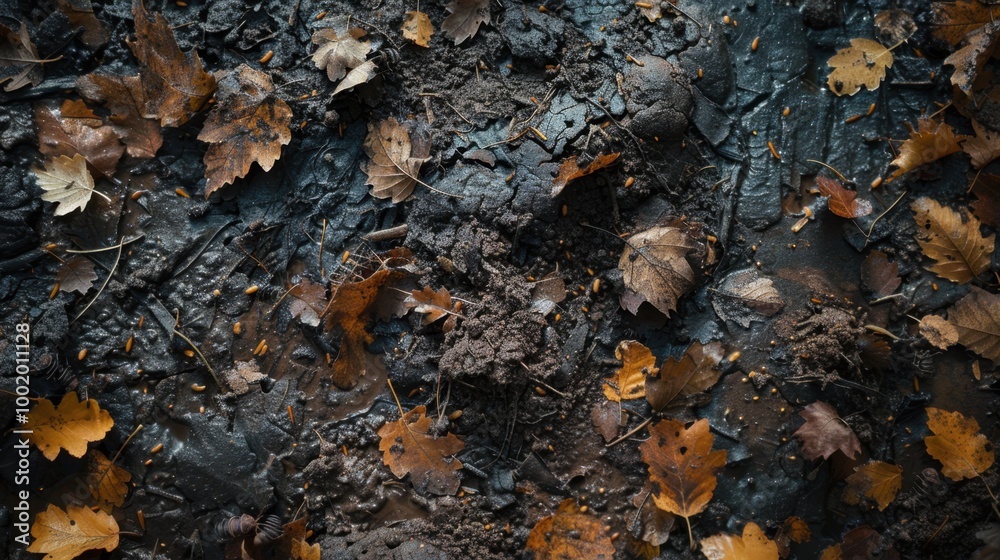 Fallen Leaves on Dark Ground in Autumn Scene Fallen Leaves on Dark Ground in Autumn Scene