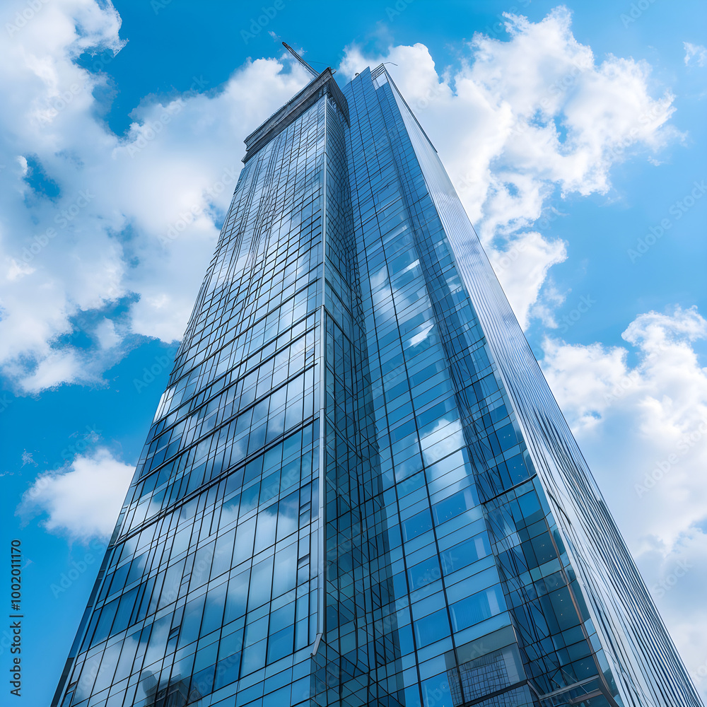 Modern skyscraper reflecting clouds in glass facade on sunny day Modern skyscraper reflecting clouds in glass facade on sunny day