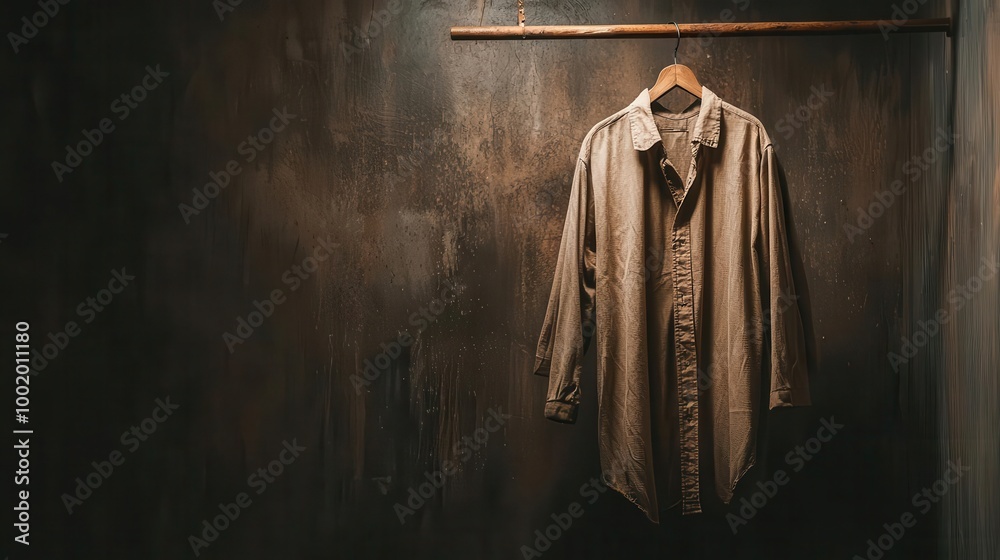 Naklejka premium Damp shirt hanging in a poorly ventilated closet, showing signs of mildew, musty fabric, neglect