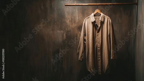 Damp shirt hanging in a poorly ventilated closet, showing signs of mildew, musty fabric, neglect