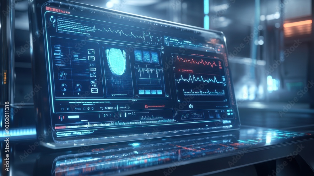Electronic medical record system displayed on a futuristic, glowing interface, showcasing cutting-edge medical technology. Electronic medical record system displayed on a futuristic, glowing interface, showcasing cutting-edge medical technology.