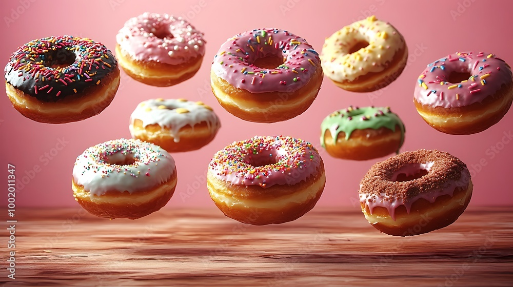 A collection of assorted donuts floating in a spiral pattern, each decorated with unique frostings and sprinkles, isolated on a pastel pink background. A collection of assorted donuts floating in a spiral pattern, each decorated with unique frostings and sprinkles, isolated on a pastel pink background.