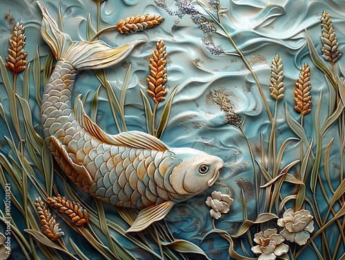 Ceramic Koi Fish Sculpture: A Detailed Relief photo