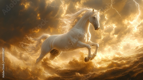 A White Horse Rearing Up in the Desert with Storm Clouds 