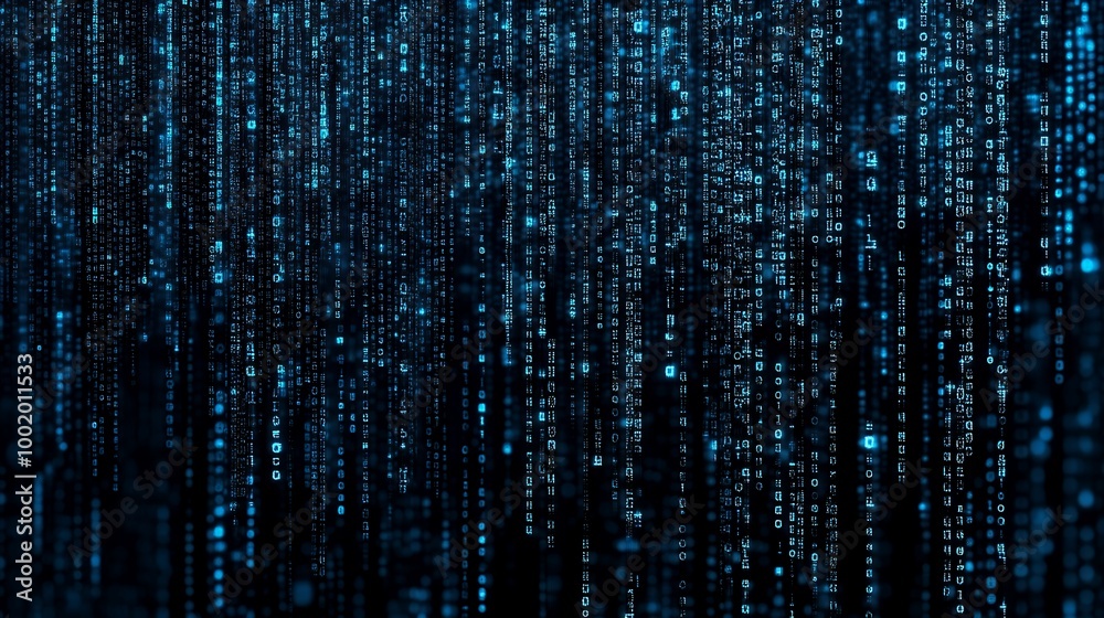 Abstract background of blue binary code cascading down a black screen. Abstract background of blue binary code cascading down a black screen.