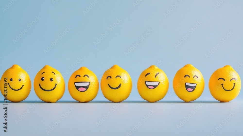 Cute lemon-shaped emoticons in various expressions arranged in a grid pattern against a plain background creating a fun and cheerful mood Cute lemon-shaped emoticons in various expressions arranged in a grid pattern against a plain background creating a fun and cheerful mood