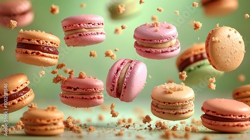 A collection of macarons with pastel shells suspended in the air in a circle formation, with crumbs frozen in motion around them, set against a pastel green background.