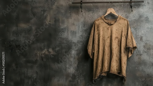 Discolored, musty shirt hanging on a wire hanger in an old, damp basement, timeworn fabric, neglect