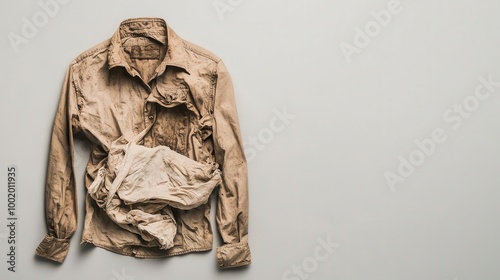 Musty cotton shirt stored in a plastic bag for too long, fabric wrinkled and stained, neglected storage, aged clothing