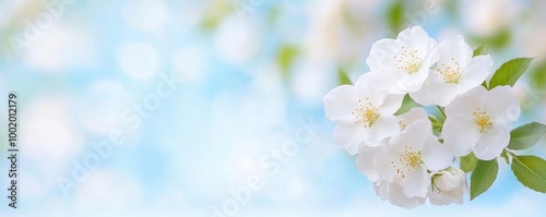 Lovely springtime border with a blue backdrop and a flowering rose bush. Rose hips in bloom against a clear sky.