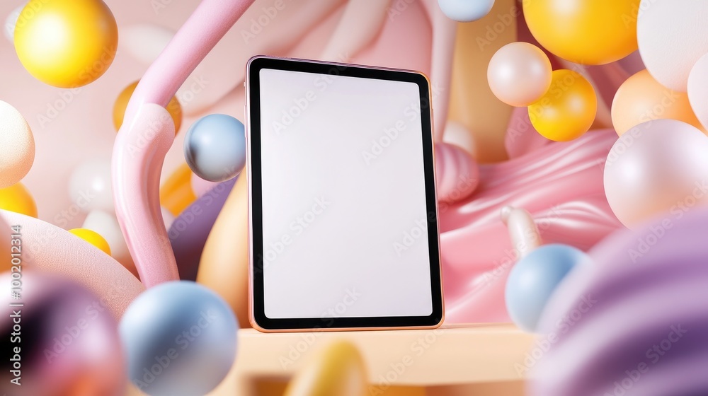 Blank Tablet Surrounded by Colorful 3D Shapes Blank Tablet Surrounded by Colorful 3D Shapes