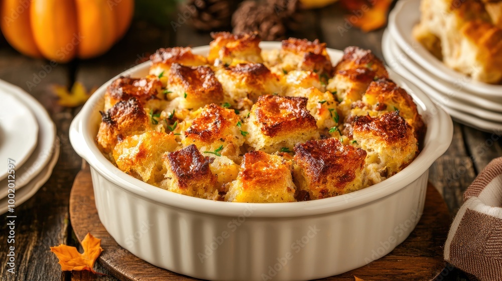 Savory bread pudding with vegetables in a rustic dish, perfect for autumn gatherings. Savory bread pudding with vegetables in a rustic dish, perfect for autumn gatherings.