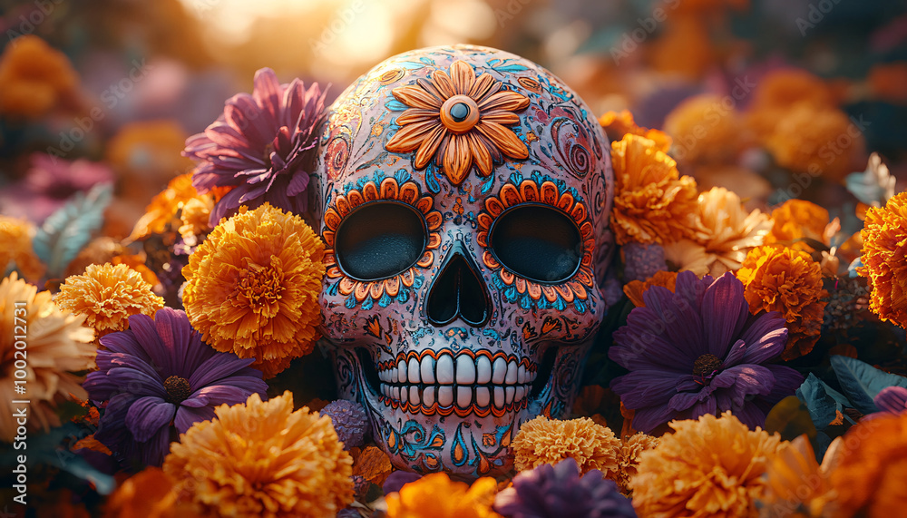 Day of the Dead sugar skull decorated with flowers and leaves, creative banner, invitation. Day of the Dead sugar skull decorated with flowers and leaves, creative banner, invitation.
