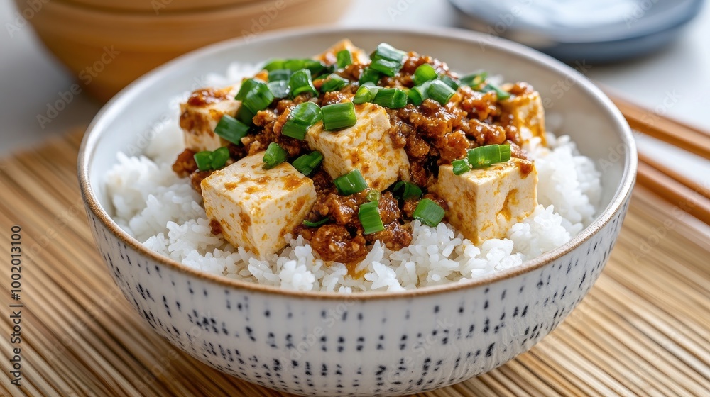 Delicious Tofu Bowl with Rice and Green Onions Delicious Tofu Bowl with Rice and Green Onions
