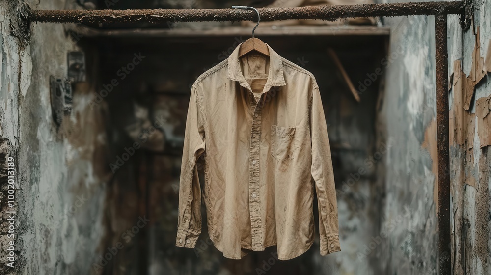 Naklejka premium Shirt left hanging in a musty wardrobe, fabric showing signs of mildew growth, neglected clothing, timeworn