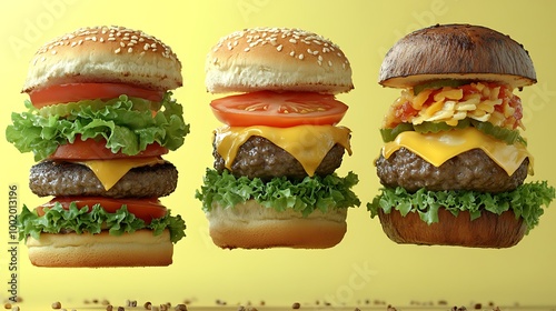 A deconstructed burger floating in mid-air, with each layer—sesame seed bun, fresh lettuce, juicy tomato slice, melted cheese, and a grilled patty—levitating separately in a vertical arrangement, photo