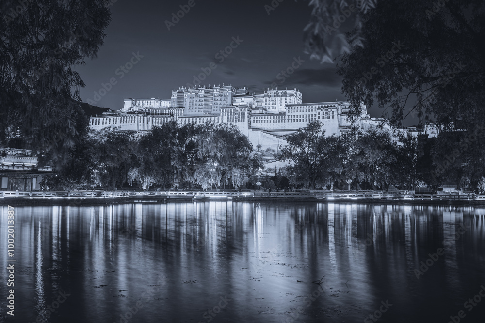 Fototapeta premium The Potala Palace at night is a building that integrates palaces, castles and monasteries.