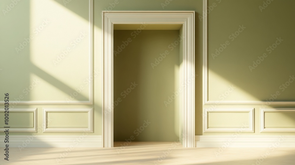 Fototapeta premium Mock up frame in a spacious, empty secret room with pale olive walls and a hidden shelf, no decor