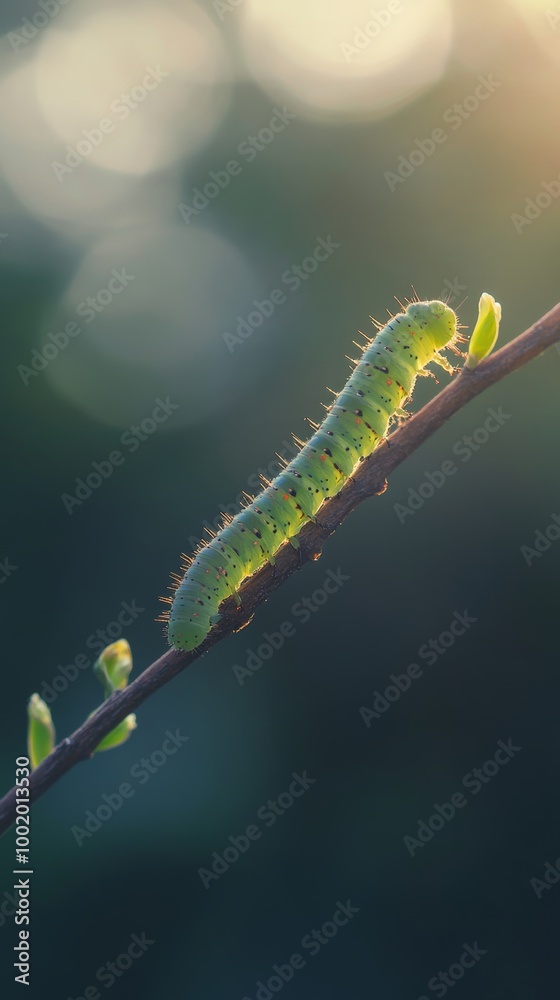 Fototapeta premium Green caterpillar on a branch in sunlight