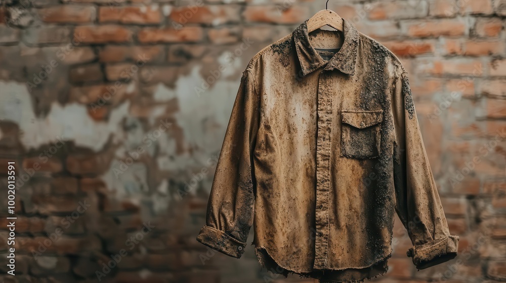 Shirt with visible mold on the cuffs, found in a forgotten wardrobe in a damp, musty room, aged clothing, decay Shirt with visible mold on the cuffs, found in a forgotten wardrobe in a damp, musty room, aged clothing, decay
