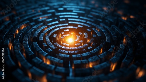 A circular maze made of intricate paths, symbolizing complex decision-making, at the center a bright light representing clarity and resolution, dark tones