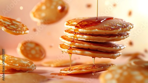 A deconstructed stack of pancakes floating mid-air, with each pancake slightly separated and syrup frozen in a cascading motion between them, isolated on a soft pastel peach background. photo