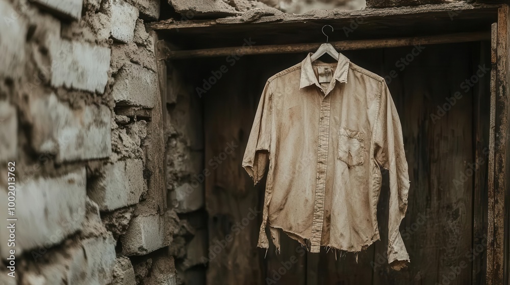 Stale shirt hanging in a dilapidated wardrobe, fabric fraying at the edges, musty clothing, abandonment Stale shirt hanging in a dilapidated wardrobe, fabric fraying at the edges, musty clothing, abandonment