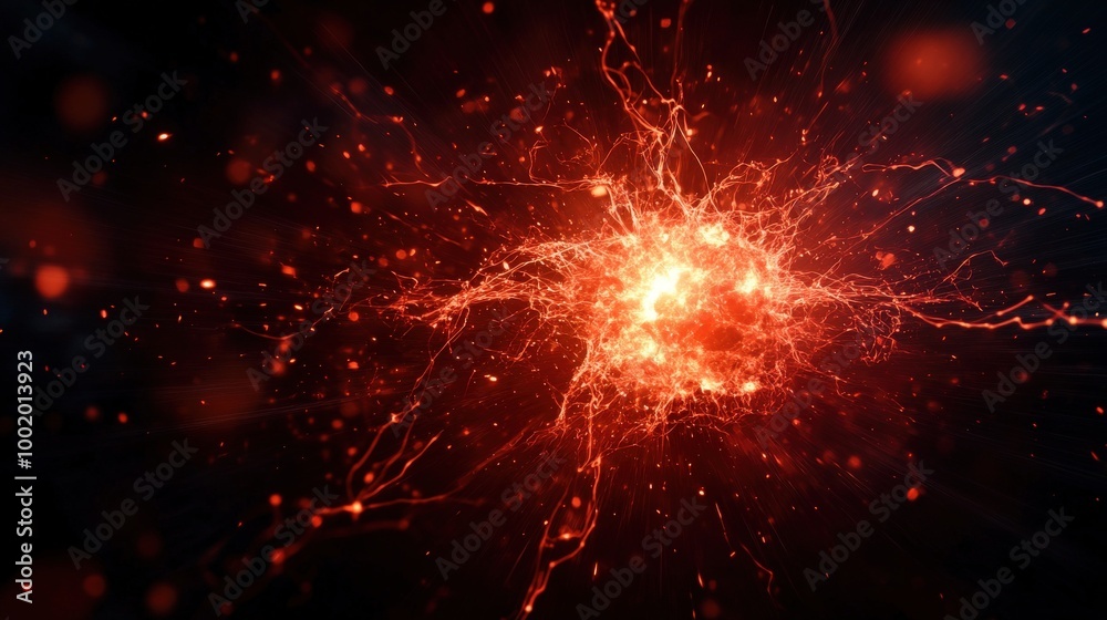 Fototapeta premium Abstract explosion of red energy particles on a dark background.