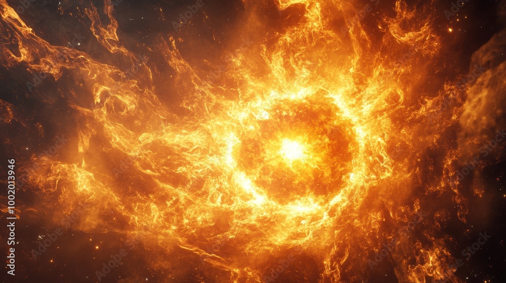 Fototapeta premium A circular wall of flames surrounding a glowing sun at the center, representing boundless passion and radiant energy, cosmic and powerful visual