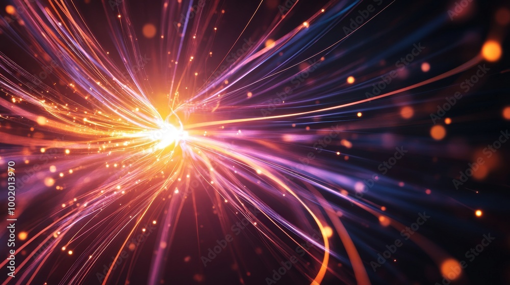 Obraz premium Abstract light trails bursting from a central point in vibrant colors.