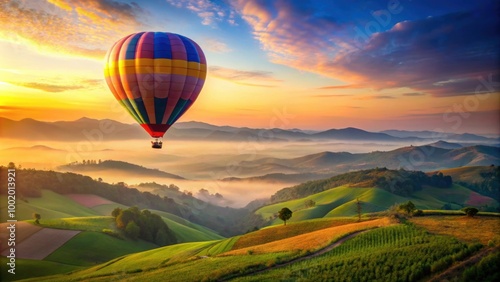 Colorful hot air balloon floating above rolling hills at dawn, nature, sky, serene, tranquil, hot air balloon