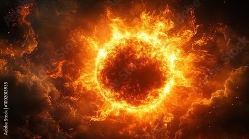 A circular wall of flames surrounding a glowing sun at the center, representing boundless passion and radiant energy, cosmic and powerful visual