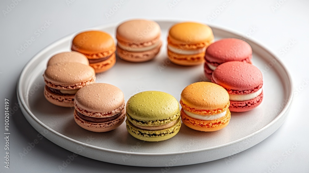 A close-up of a circular macaroon arrangement, vibrant colors and varied textures, elegantly placed on a minimalist white dessert platter, gourmet vibe