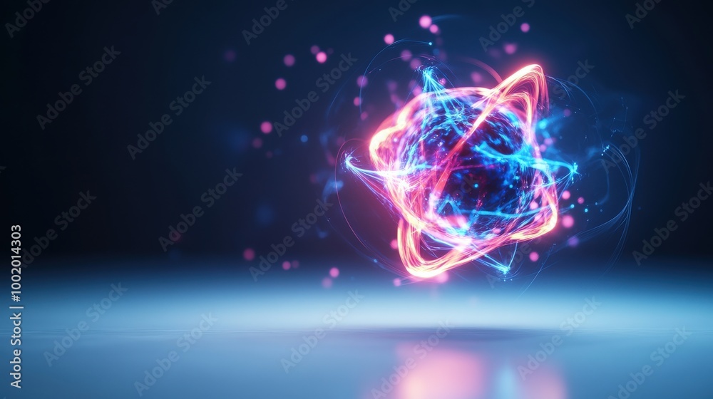 Obraz premium Colorful abstract atomic model, glowing particles, dark background.