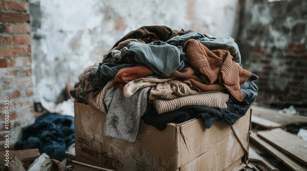 Fototapeta premium A forgotten box of clothes, musty shirts piled high with visible mold growth, neglected clothing, abandonment