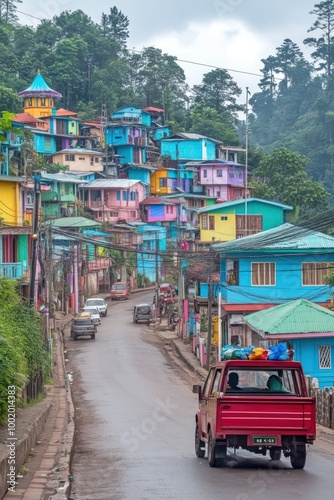 A vibrant hillside village with colorful houses and a winding road.