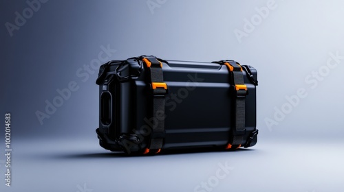 Durable black suitcase with orange straps, studio lighting, isolated on a white background.