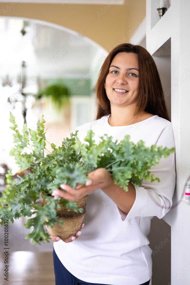 Smiling brunette woman posing with houseplant in wickered pot at white room closeup Smiling brunette woman posing with houseplant in wickered pot at white room closeup