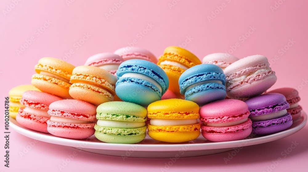 A dessert platter with a circular rainbow of macaroons, vibrant hues arranged symmetrically, creating an eye-catching presentation, soft pastel aesthetic A dessert platter with a circular rainbow of macaroons, vibrant hues arranged symmetrically, creating an eye-catching presentation, soft pastel aesthetic