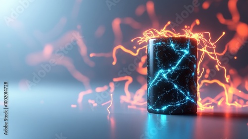 Electric energy concept with glowing blue and red lines around a dark cylinder.