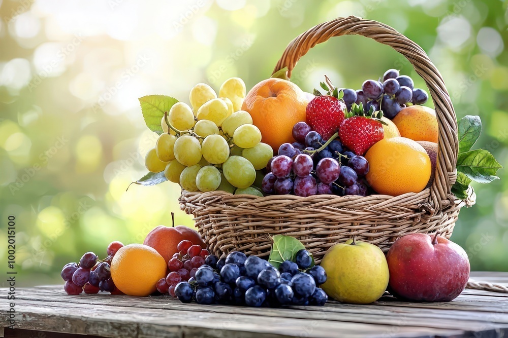 A fresh harvest of assorted fruits in a woven basket on a wooden picnic table. A fresh harvest of assorted fruits in a woven basket on a wooden picnic table.