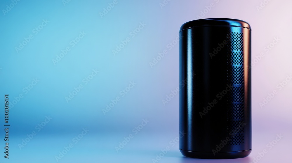 Modern black speaker on a gradient background with soft lighting. Modern black speaker on a gradient background with soft lighting.