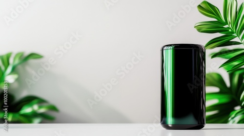Wallpaper Mural Modern black canister beside green plants on a clean table, minimalist decor. Torontodigital.ca