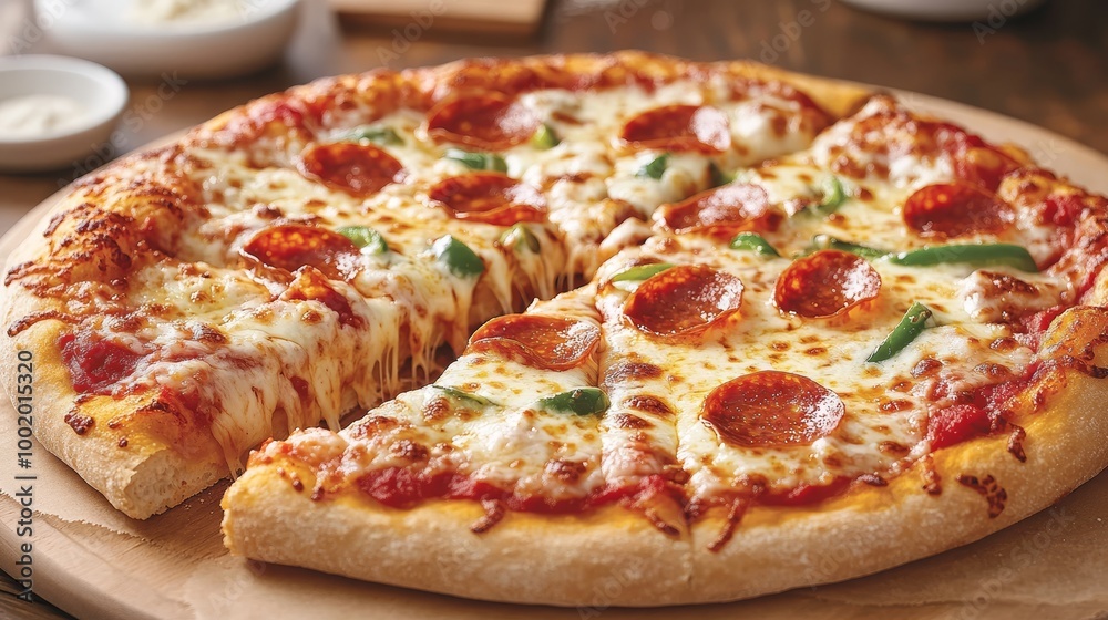A golden-brown pizza with crispy crust being evenly sliced, every piece packed with toppings like pepperoni, green peppers, and melted cheese A golden-brown pizza with crispy crust being evenly sliced, every piece packed with toppings like pepperoni, green peppers, and melted cheese