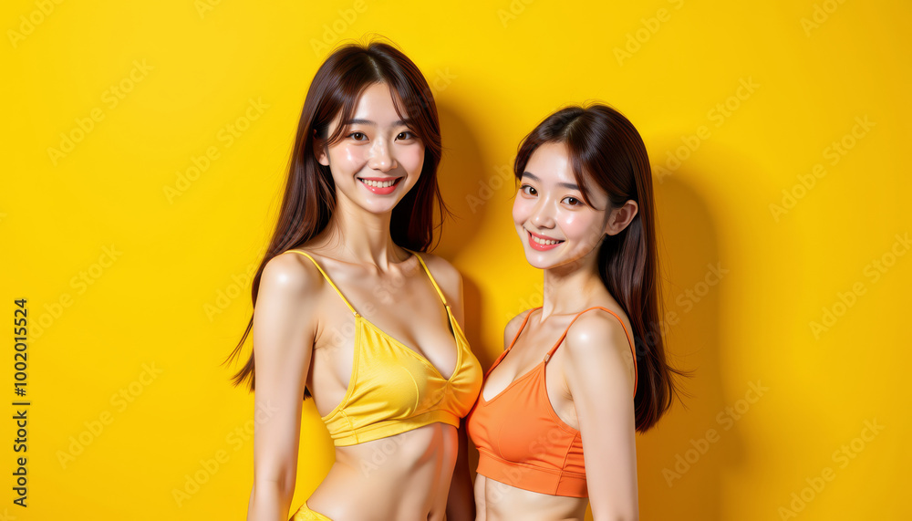 Two women in colorful bikinis against a vibrant yellow background. Two women in colorful bikinis against a vibrant yellow background.